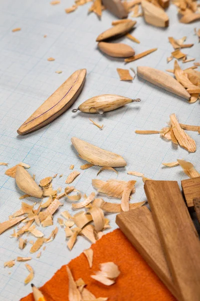 Handmade Wooden Fishing Tacles Graph Paper Background Tools Blanks Mockap — Stock Photo, Image