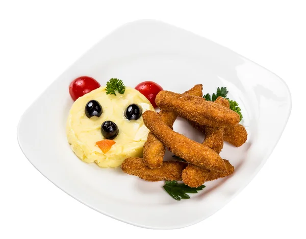 Restaurante que sirve plato para niños menú puré de papas, palos — Foto de Stock