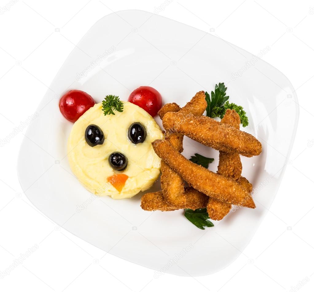 Restaurant serving dish for childs menu potato puree, sticks