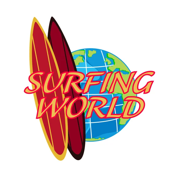 Vector surfing călătorie cu bord de surf și glob de pământ — Vector de stoc