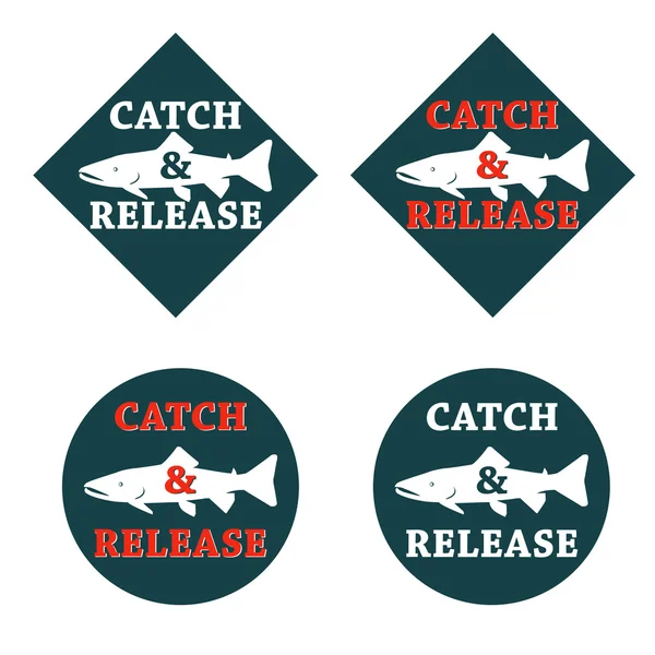 Vecteur ensemble conception emblème pêche capture & libération avec des poissons et l — Image vectorielle