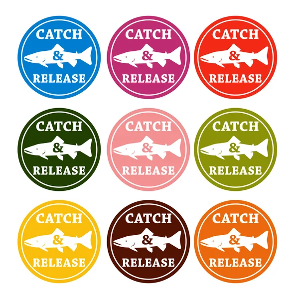 Vector set design emblem fishing catch & release with fish and l — Stock Vector