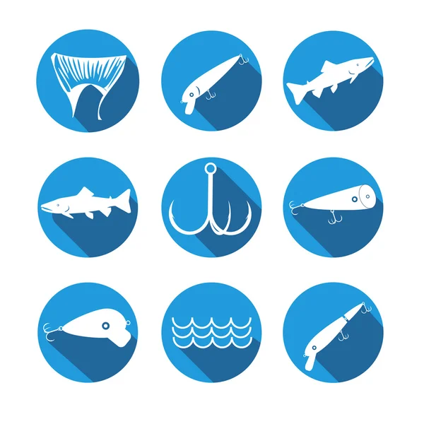 Ensemble vectoriel symboles pour la pêche avec appâts, queue, poisson, crochet sur r — Image vectorielle