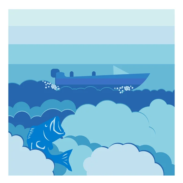 Vector ilustración fondo agua y nube con lancha a motor un — Vector de stock