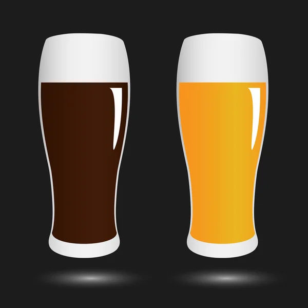 Vector set volume glasses with dark and light beer on black back — Stock Vector