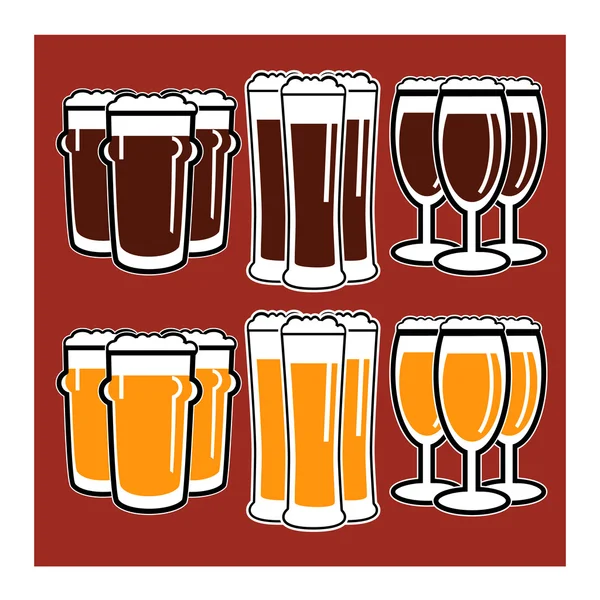 Vector set group of three glasses with dark and light beer — Stock Vector