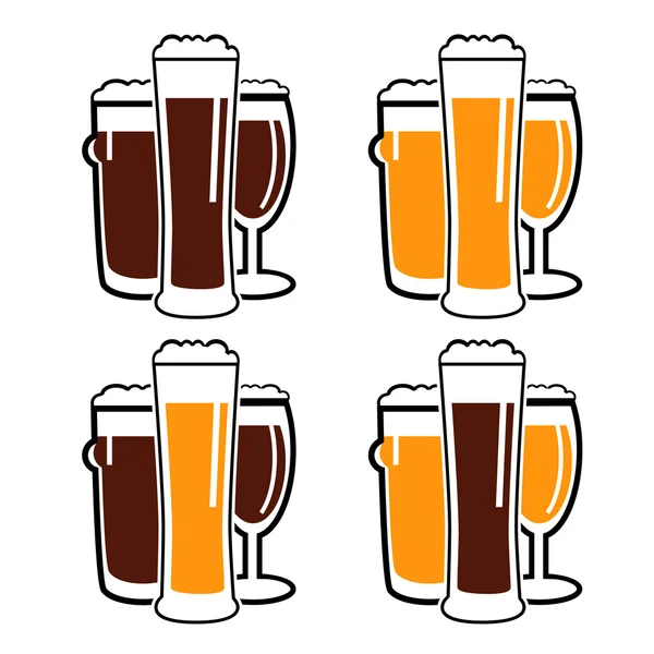 Vektor meghatározott csoportja három pohár sötét és világos sör — Stock Vector