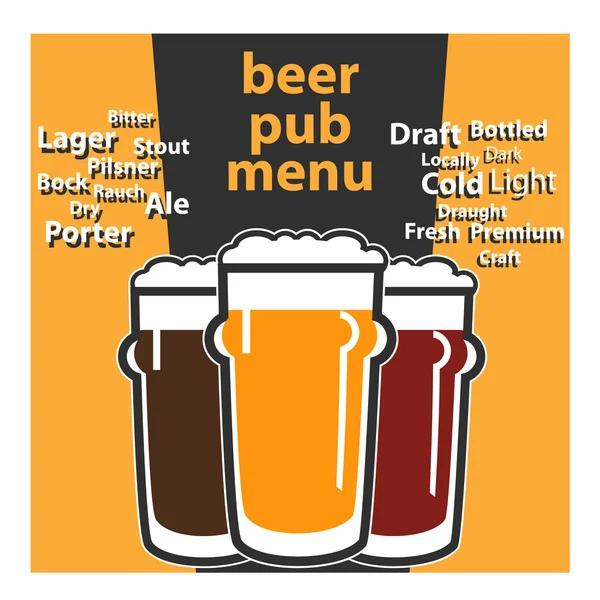 Vector design pub beer menu with typing themes sorts beers — Stockvector