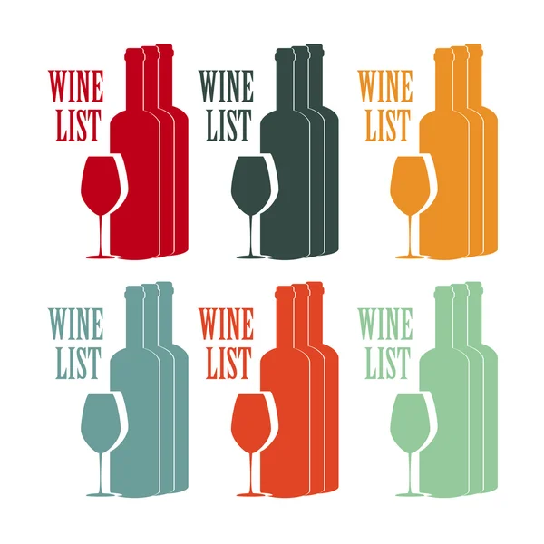 Diseño conjunto vectorial lista de vinos con texto, vasos y botella — Vector de stock