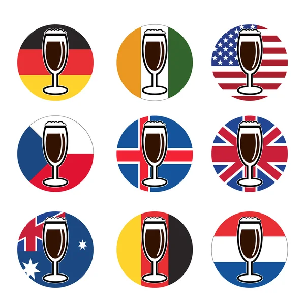 Vector set beer glass with beer on background round national fla — 스톡 벡터