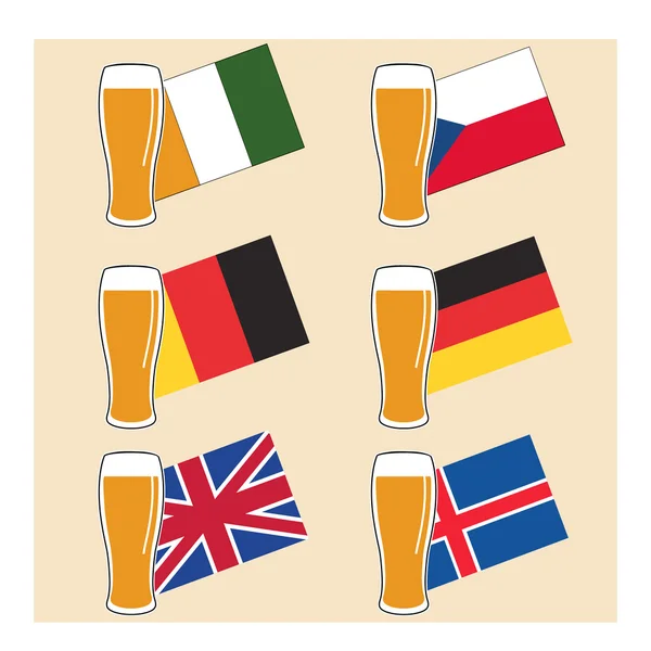 Vector set glass of light beer on national flags — Stock Vector