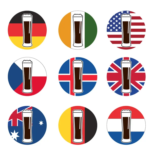 Vector set beer glass with beer on background round national fla — Διανυσματικό Αρχείο