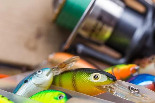 Closeup fishing baits wobblers in box — Stock Photo, Image