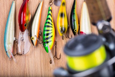 Balıkçılık yem wobbler ve reel çizgili