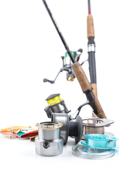 Fishing tackles - rod, reel, line and lures — Stock Photo, Image