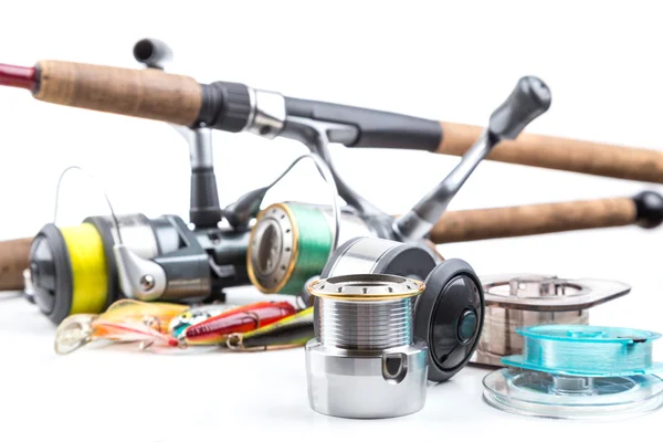 Fishing tackles - rod, reel, line and lures — Stock Photo, Image