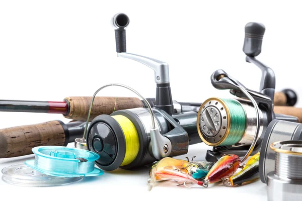 Fishing tackles - rod, reel, line and lures — Stock Photo, Image