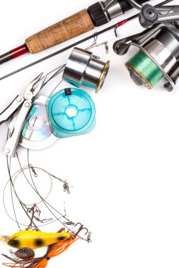 fishing tackles - rod, reel, line and lures clipart