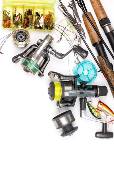 Fishing tackles - rod, reel, line and lures — Stock Photo, Image