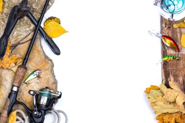 fishing tackles on stones with anchor and leafs