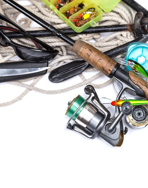 Fishing tackles and anchor with cord on white — Stockfoto