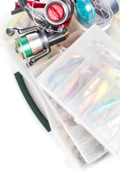 Рибальські снасті і приманка в ящиках для зберігання — стокове фото