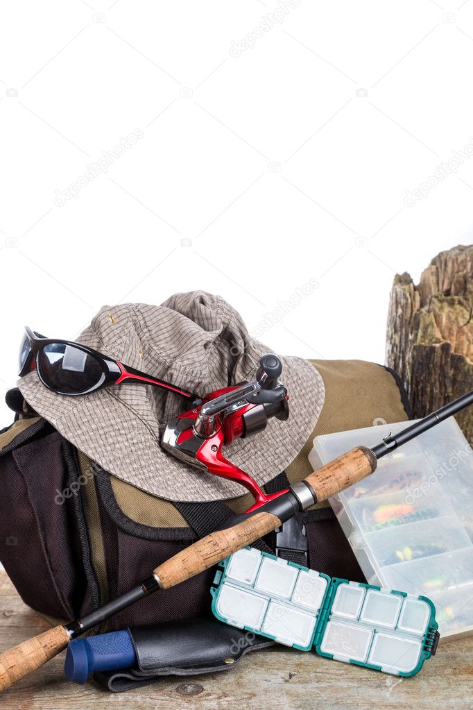fishing tackles with handbag and hat