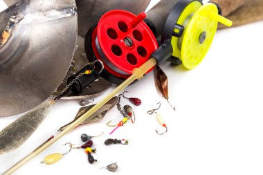 closeup ice fishing tackles and equipment clipart