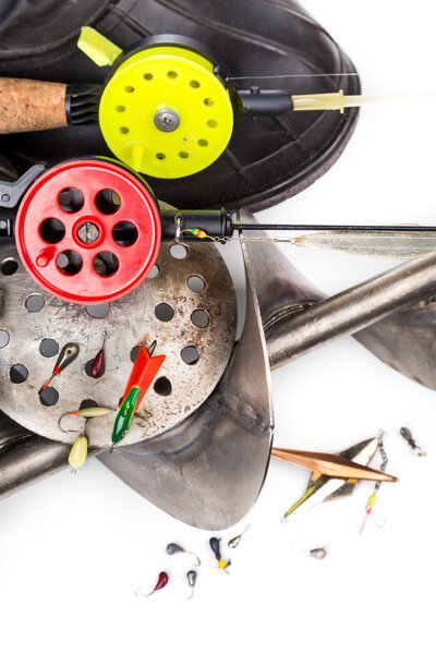 closeup ice fishing tackles and equipment