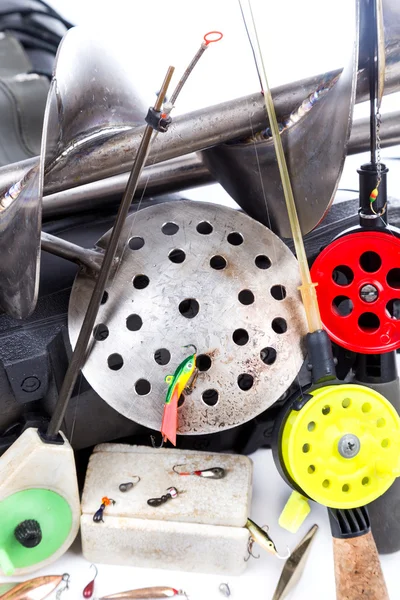 Closeup ice fishing tackles and equipment — Stock Photo, Image