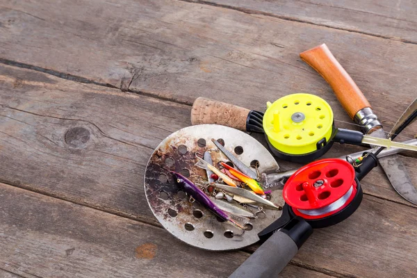 Closeup ice fishing tackles and equipment — Stock Photo, Image