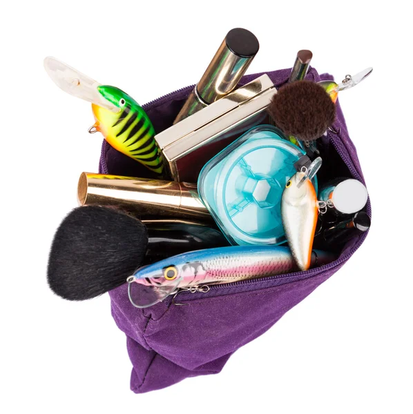 Surprise woman beautican bag with cosmetic tools and fishing tac — Stock Photo, Image