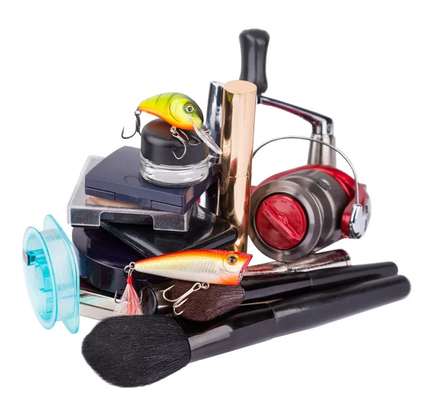 Surprise woman beauty cosmetic tools and fishing tackles — Stock Photo, Image