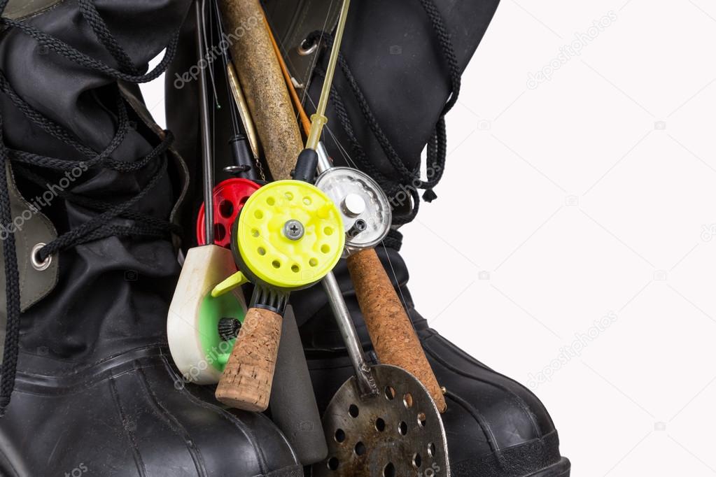 ice fishing tackles and winter boots