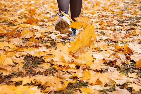 Donna Piedi Sul Vicolo Del Parco Cittadino Con Foglie Gialle — Foto Stock