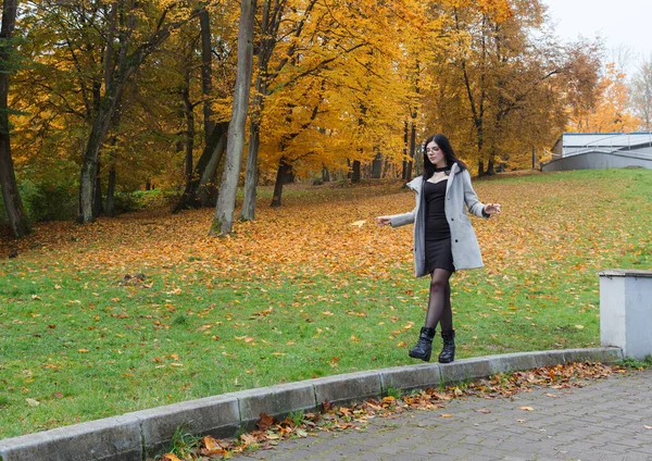 Muchacha Joven Abrigo Gris Caminando Callejón Parque Ciudad Día Otoño — Foto de Stock