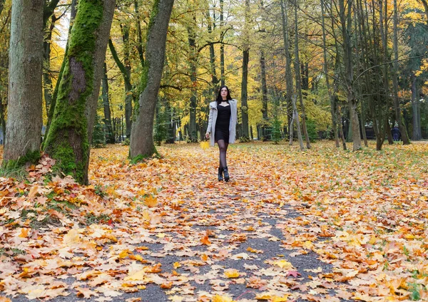 Mladá Dívka Šedém Kabátě Kráčející Uličce Městském Parku Podzim — Stock fotografie