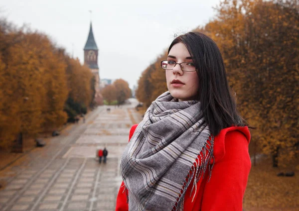 Retrato Una Joven Con Abrigo Rojo Pie Callejón Del Parque —  Fotos de Stock