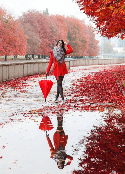 Młoda Dziewczyna Czerwonym Płaszczu Parasolem Stoi Alejce Parku Deszczu Ponury — Zdjęcie stockowe