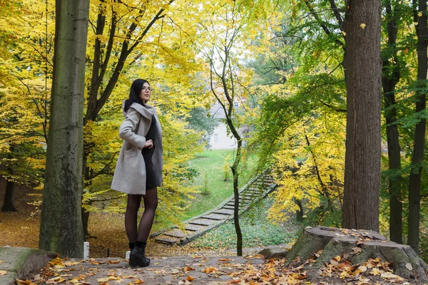 Mladá Dívka Šedém Kabátě Stojí Uličce Městském Parku Podzim — Stock fotografie