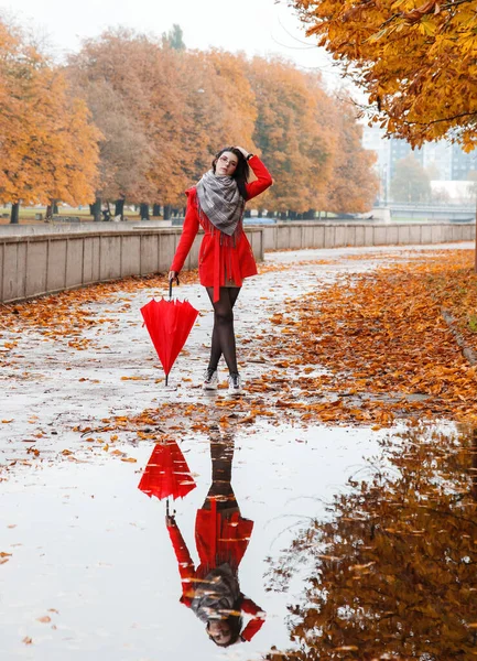 秋晴れの雨の後公園の路地に傘を差した赤いコートの少女が立っている — ストック写真