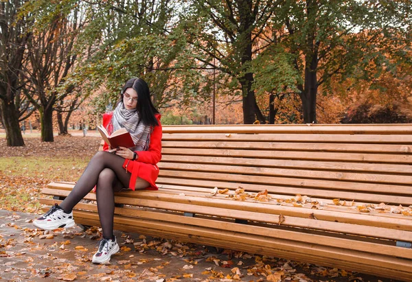 Giovane Bella Ragazza Cappotto Rosso Libro Lettura Mentre Seduto Una — Foto Stock