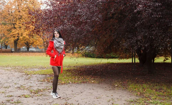 Jong Meisje Een Rode Jas Staat Steeg Van Een Stadspark — Stockfoto