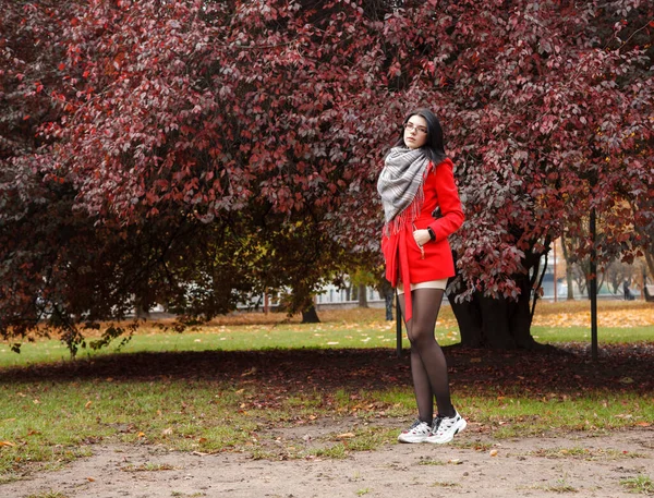 Young Girl Red Coat Standing Alley City Park Autumn Day — Stock Photo, Image