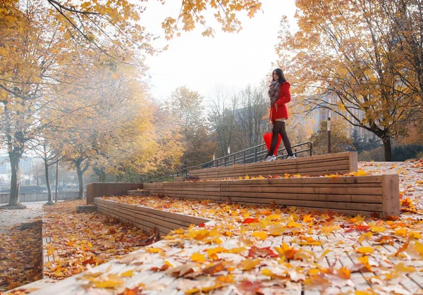 Giovane Ragazza Cappotto Rosso Con Ombrello Piedi Sul Vicolo Parco — Foto Stock