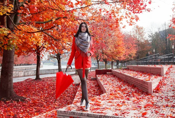 Menina Casaco Vermelho Com Guarda Chuva Beco Parque Cidade Dia — Fotografia de Stock