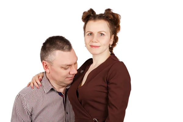 Portrait Married Couple Studio White Background Man Looking His Wife — Stock Photo, Image