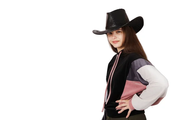 Teenager Brünette Mädchen Posiert Mit Schwarzem Hut Studio Auf Weißem — Stockfoto
