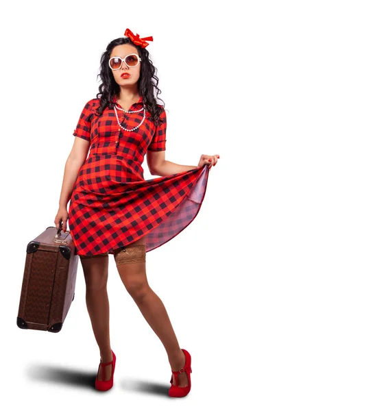Young Woman Pin Style Red Dress Sunglasses Posing Standing Suitcase — Stock Photo, Image