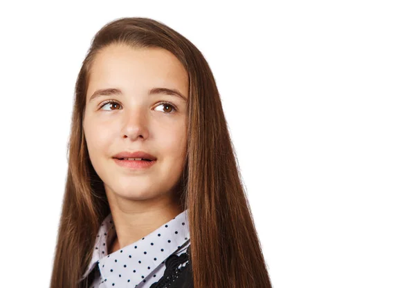 Retrato Uma Adolescente Morena Com Cabelos Longos Isolados Fundo Branco — Fotografia de Stock